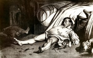 Het bloedbad van Rue Transnonain op 14/04/1834: het leger slacht de bewoners van het gebouw 12 Rue Transnonain in Parijs af na de dood van een van hun officieren - Lithografie door Honore Daumier