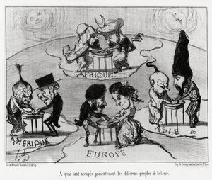 Tafels draaien (fluidomanie): waar momenteel de verschillende volkeren van de aarde mee bezig zijn. Illustratie door Honore Daumier (1808-1879), gepubliceerd in het nieuws, "Charivari", gedateerd 22 juni door Honoré Daumier