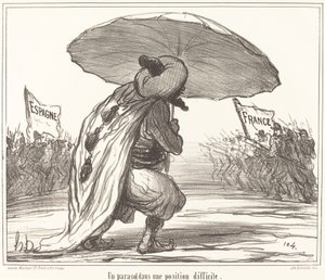 Een parasol in een moeilijke positie door Honoré Daumier