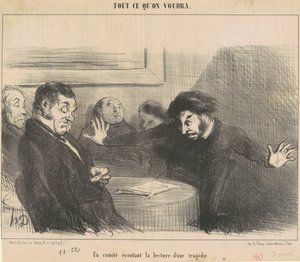 Een comité luistert naar het voorlezen van een tragedie