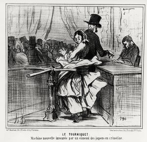 Universele tentoonstelling: het draaihek: een nieuwe machine uitgevonden door een vijand van crinoline rokken. Illustratie door Honore Daumier, gepubliceerd in het nieuws, 