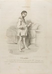 (Hij leest een brief) "Een afspraakje, zou het van de schattige mevrouw Giraud kunnen zijn Ja, maar het kan ook van haar man komen die me wil knijpen...," plaat 8 van Coquetterie door Honoré Victorin Daumier