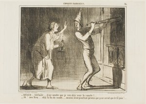"Adelaide, Adelaide... Ik denk dat ik de komeet zie aankomen!!.. - Oh mijn God... dit is het einde van de wereld .... wat vervelend. Ze beloofden dat hij pas op 13 juni zou komen!" plaat 31 van Croquis Parisiens door Honoré Victorin Daumier