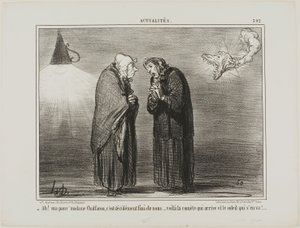 "- Ah, mijn lieve Madame Chaffarou... dit moet wel het einde zijn... de komeet komt en de zon gaat," plaat 392 uit Actualités door Honoré Victorin Daumier