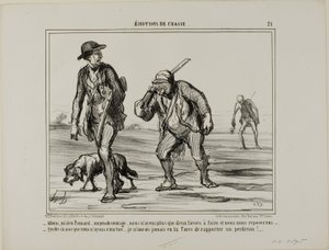 "Kom, kom, meneer Pomard... hou de moed erin... nog maar twee mijl en we kunnen rusten... Wat een geluk, we hebben niets gevangen... Ik zou niet eens de kracht hebben om een patrijs te dragen," plaat 21 uit Émotions De Chasse door Honoré Victorin Daumier