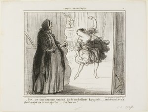 "- Moeilijk voor te stellen dat ik in mijn tijd ook een veelgeprezen Spaanse danser was... tegenwoordig zijn alleen mijn castagnetten Spaans... wat vervelend...," plaat 11 uit Croquis Dramatiques door Honoré Victorin Daumier