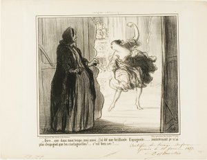 "- Moeilijk voor te stellen dat ik in mijn tijd ook een veelgeprezen Spaanse danser was... tegenwoordig zijn alleen mijn castagnetten Spaans... wat vervelend...," plaat 11 uit Croquis Dramatiques door Honoré Victorin Daumier