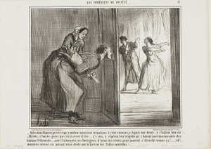 "- Hé, Baptiste, wat schreeuwen die twee al een uur... Ik weet zeker dat ze vechten! - Oh nee, ze maken zulke grappige bewegingen, dat is hilarisch... Ik heb het: ze repeteren een tragedie die ze zullen opvoeren op het feest van Madame Follemèche... Lu door Honoré Victorin Daumier