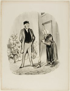 "Hoe voelt u zich vandaag, meneer Chapolard - Madame Pochet, een conciërge die weet hoe ze zich moet gedragen, hoort haar huisbaas alleen in de derde persoon aan te spreken. - Hoe kan ik u in de derde persoon aanspreken, aangezien u de eerste persoon bent  door Honoré Victorin Daumier