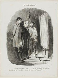 "- Hoe vind je deze heilige daar.... Ik heb geprobeerd hem er niet te conventioneel uit te laten zien.... De bourgeois: - Helemaal mee eens, een heilige moet er nooit kortaf uitzien," plaat 80 van Les Bons Bourgeois door Honoré Victorin Daumier