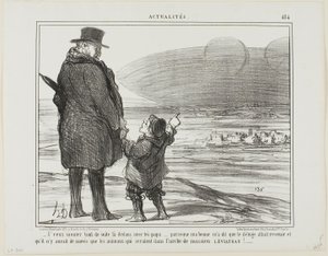 "- Ik wil meteen met je mee op dit schip, papa, mijn kindermeisje zei dat de zondvloed weer zal komen, en de enigen die gered zullen worden, zijn de dieren op de ark van Mr. Leviathan!," bord 484 van Actualités door Honoré Victorin Daumier