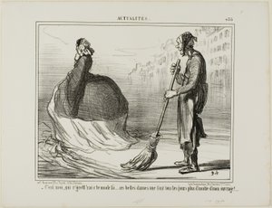 "- Ik zou het jammer vinden als deze mode ooit uit de mode raakt... deze dames doen de helft van mijn werk!," bord 438 van Actualités door Honoré Victorin Daumier