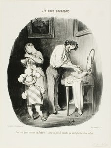 "- Is hij niet schattig zo, Dodore... met een beetje opruimen is hij gewoon niet meer hetzelfde kind!..," bord 37 van Les Bons Bourgeois door Honoré Victorin Daumier