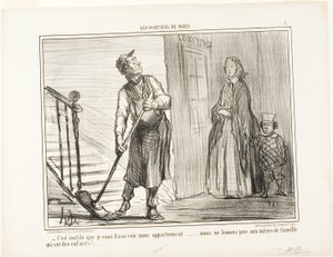 "Het heeft geen zin om je mijn appartement te laten zien. We verhuren niet aan moeders met kinderen," plaat 1 uit Les Portiers De Paris door Honoré Victorin Daumier