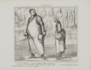 "- Mijnheer de slager, ik wens u een gelukkig en gezond Nieuwjaar... - Wat Dit wordt een mooi jaar, dit 1858... elke kruidenier om de hoek zal mijn schapenvlees kunnen verkopen!...," bord 481 uit Actualités door Honoré Victorin Daumier