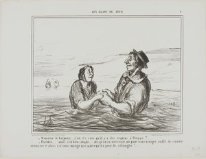 "- Mr.Lifeguard.... Is het waar dat er haaien zijn bij Dieppe - Natuurlijk... maar het is vrij eenvoudig... zodra je er een ziet die je komt opeten, hoef je alleen maar zijwaarts te gaan liggen. Hij zal je niet opeten uit angst dat je stikt," bord 1 van Au door Honoré Victorin Daumier