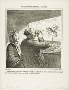 "- Meneer Colimard, als u niet onmiddellijk ophoudt met zo onbetamelijk naar de danseressen te lonken, breng ik u voor het einde van de voorstelling naar huis!", plaat 4 uit Croquis Pris Au Théatre par Daumier door Honoré Victorin Daumier