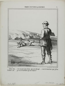 "- Oh ontploffing! .... het is weer mijn eigen hond die ik heb neergeschoten..... dat is de derde in twee jaar.... Ik heb echt niet veel geluk met jagen!", plaat 6 uit Croquis D