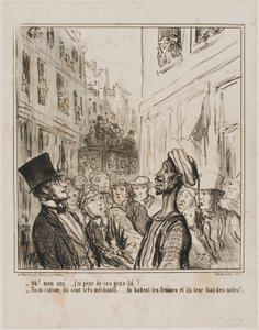 "Oh, mijn vriend... Ik ben bang voor die mensen daar. - En terecht... ze zijn heel gemeen, ze slaan hun vrouwen en laten hen zwarte kinderen krijgen!", bord 101 van Actualités door Honoré Victorin Daumier