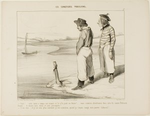 "- Onze boot heeft het anker losgelaten en is weggedreven.... we zitten vast op dit eenzame eiland als Robinson Crusoe... en zonder iets te eten en zonder papegaai... - Dat is waar.... en ik weet echt niet wat ik moet eten als ik je heb verslonden, arme Ca door Honoré Victorin Daumier