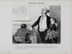 "Gelieve niet te overdrijven in dit artikel dat naar alle kranten gaat. Schrijf alleen dat onze leerling Greluchot veertien prijzen heeft ontvangen en dat er geen twijfel over bestaat dat het Instituut Bilboquet het beste van heel Parijs is!", plaat 27 van door Honoré Victorin Daumier