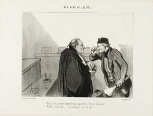 "- Moet een geweldige voorstelling worden vandaag, Mr.Galuchet... - Ik denk het wel... Een moordzaak met een verkrachting erbij...," plaat 31 van Les Gens De Justice door Honoré Victorin Daumier