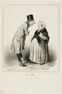 "- Nou ja, het is waar, de dochter van Mame Chopin is gisteren getrouwd met de zoon van Durand. Ik heb net met de jongeman gepraat en uit wat hij me vertelde (in volle vertrouwen), moet ze voor hem wel een paar rare hebben gehad...," plaat 6 uit Les Parisi door Honoré Victorin Daumier