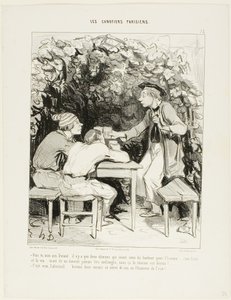 "- Zie je, mijn vriend Durand.... er zijn maar twee belangrijke componenten van geluk voor een man: water en wijn... maar ze mogen nooit gemengd worden, anders verliezen ze hun charme. - Inderdaad, Cabassol.... laten we nog een glas wijn drinken ter ere va door Honoré Victorin Daumier