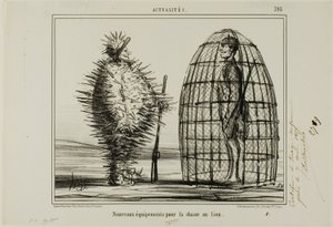 Een nieuwe outfit voor de leeuwenjacht, plaat 395 van Actualités door Honoré Victorin Daumier