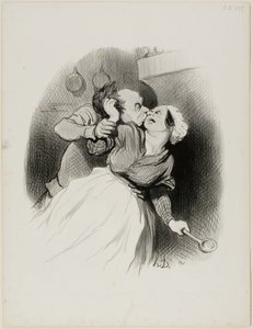 Een terugkeer van de jeugd. "Schreeuw zoveel je wilt, jij kleine duivel.... mijn vrouw is niet thuis.... scheur mijn haar uit naar hartelust!," plaat 50 uit Les beaux Jours de la vie door Honoré Victorin Daumier