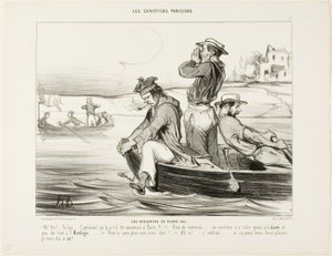 Een ontmoeting in open water. "Hallo... daar beneden... Kapitein, wat is er voor nieuws in Parijs - Niets nieuws eigenlijk... nog steeds gaat er niemand naar de Gaieté of de Ambigu. - Heb je me niets anders te vertellen - Oh ja,... Ik was het vergeten... I door Honoré Victorin Daumier