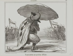 Een paraplu in een moeilijke positie, plaat 119 van Actualités door Honoré Victorin Daumier