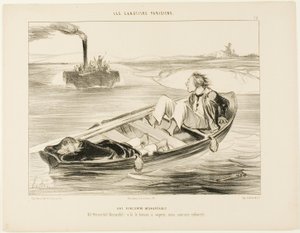 Een onaangename ontmoeting. "Bernardel, Bernardel! Hier komt de stoomboot... we zullen zinken!", plaat 16 uit Les Canotiers Parisiens door Honoré Victorin Daumier