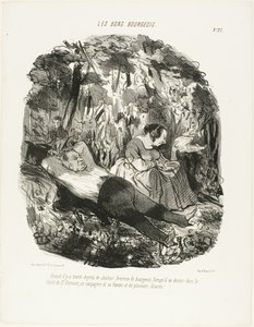 Bij 30°C, gelukkig hij die kan ontsnappen en snoozen in het bos van Saint-Germain vergezeld van zijn vrouw en een paar hagedissen, plaat 27 van Les Bons Bourgeois door Honoré Victorin Daumier