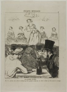 Op de Champs-Elysées. Het is nooit helemaal duidelijk geweest of de muziek het bier doet drinken, of het bier dat je de muziek doet slikken, plaat 3 van Croquis Musicaux door Honoré Victorin Daumier