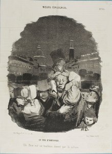 Bij het vuurwerk. Een vader is een trekpaard, geleverd door de natuur, plaat 33 uit Moeurs Conjugales en plaat 14 in Actualités door Honoré Victorin Daumier