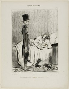 Vroege ochtend bezoek van een schuldeiser betreffende de laarzen, plaat 4 uit Émotions Parisiennes door Honoré Victorin Daumier