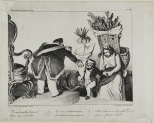 "Van uw gehoorzame onderdanen ontvangt u op uw eredag deze twee bescheiden bossen bloemen. Ze zullen u verheugen, want alleen het Franse volk heeft de kosten op zich genomen." plaat 486 door Honoré Victorin Daumier