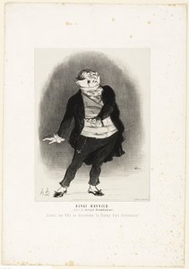 Henri Monnier. (in de rol van Joseph Prudhomme) "- Nooit zal ik toestaan dat mijn dochter de vrouw wordt van een krabbelaar!", plaat 1 uit Les Artistes Contemporains (Odéon)