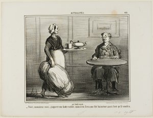 Kruidenthee. "- Alstublieft, meneer, ik dacht ik neem het hele pak hooi mee zodat u zelf kunt beslissen over de sterkte van uw thee," bord 416 van Actualités