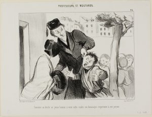Hoe je een jongeman kunt overtuigen om eindelijk te leren zijn ouders te respecteren, plaat 26 uit Professeurs et Moutards (Professoren en deugnieten) door Honoré Victorin Daumier