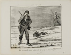 Als de jager koude handen heeft... heeft de haas geen koude voeten, plaat 22 uit Émotions De Chasse door Honoré Victorin Daumier