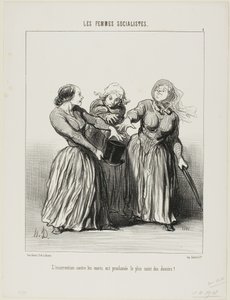 Opstand tegen echtgenoten wordt uitgeroepen tot de eerste en heiligste plicht in het leven!, plaat 1 uit Les Femmes Socialistes door Honoré Victorin Daumier
