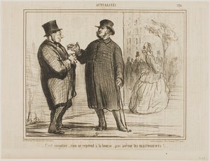 Het is vreemd: niets trekt aan op de beurs, zelfs de kastanjebomen niet!, plaat 520 van Actualités door Honoré Victorin Daumier