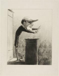 Jules de L (ook bekend als Lasteyrie de Argandlamp). Voormalig lid van de oppositie, nu vijand van het licht... verblind door de plotselinge verschijning van de zon van de Republiek, draagt Jules de Lasteyrie nu de oogschaduw van de Constitutionnel, plaat  door Honoré Victorin Daumier