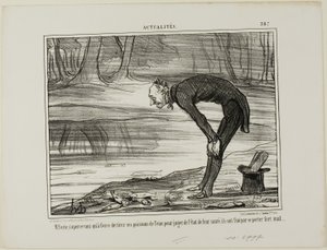Mr. Coste merkt op dat de vissen die hij uit het water haalt om hun gezondheidstoestand te analyseren, zich uiteindelijk helemaal niet goed voelen, plaat 387 van Actualités door Honoré Victorin Daumier
