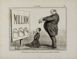Mr. Prudhomme die zijn zoon opdraagt aan de nieuwe God van de Parijzenaars, plaat 366 uit Actualités door Honoré Victorin Daumier