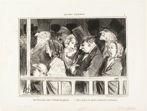 Parijzenaars die zin hebben in plezier. Twee uur in de rij staan voor elk theater in de stad, bord 1 van Les Bons Parisiens