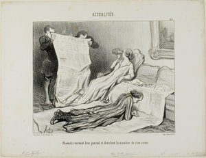 Abonnees Tyring to Cope with their Paper, plaat 115 van Actualités door Honoré Victorin Daumier