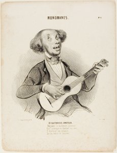 De Amateur Gitarist. Terwijl hij ieders geeuw trotseert, Terwijl hij zijn miezerige vers zingt, Zou hij een gezelschapsliedje zingen, Op de ruïnes van het universum...," plaat 4 uit Monomanes door Honoré Victorin Daumier